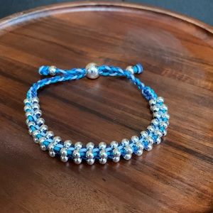 Blue string silver bead adjustable bracelet